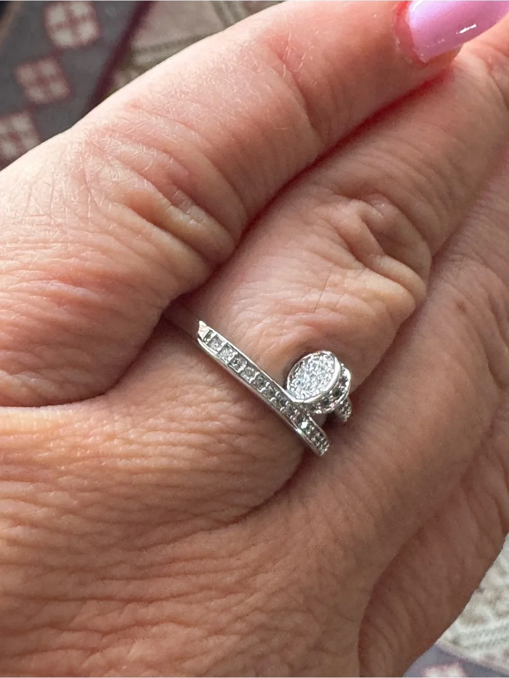 Brass Silver Tone Plate Cubic Zirconia Pave Nail Bypass Ring